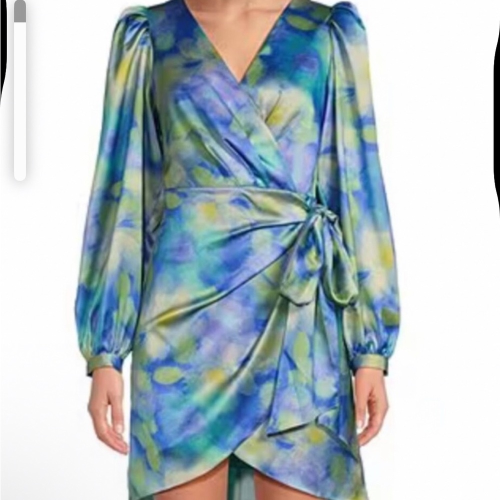 Badgley Mischka Elegant Blue and Green Wrap Style Dress CLOSEOUT
